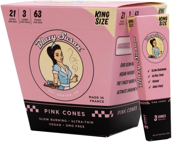 Blazy Susan King Size Pre-Rolled Cones - 3 Pack 63 Cones Vegan Non-GMO Slow-Burning Ultra-Thin - Premium Pink Cones