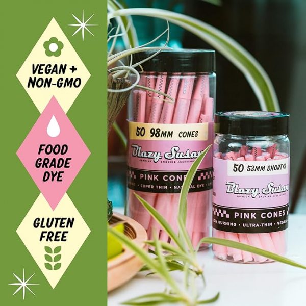 Blazy Susan Pink Pre-Rolled Cones 50 Count (53mm Mini) - GMO-Free Shortys