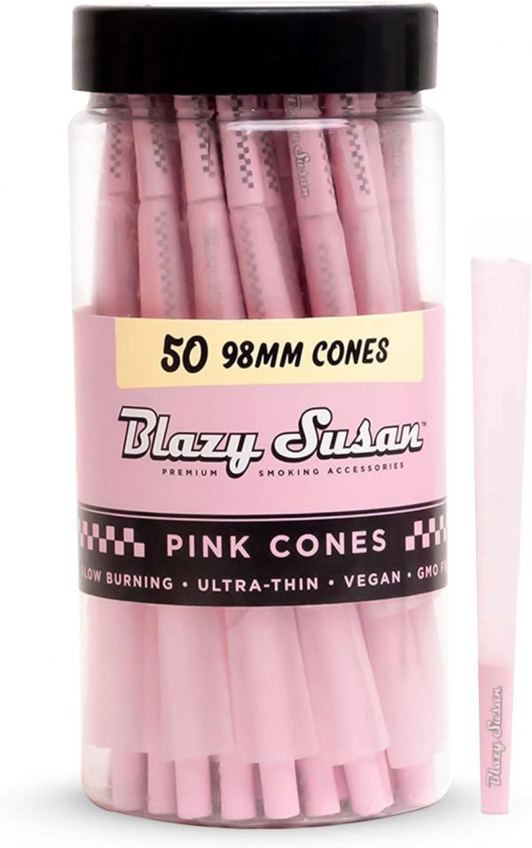 Blazy Susan Pink Pre-Rolled Cones 98mm - 50 Count - Slow-Burning, Vegan, GMO-Free, Super-Thin Preroll Cones with Filter Tips